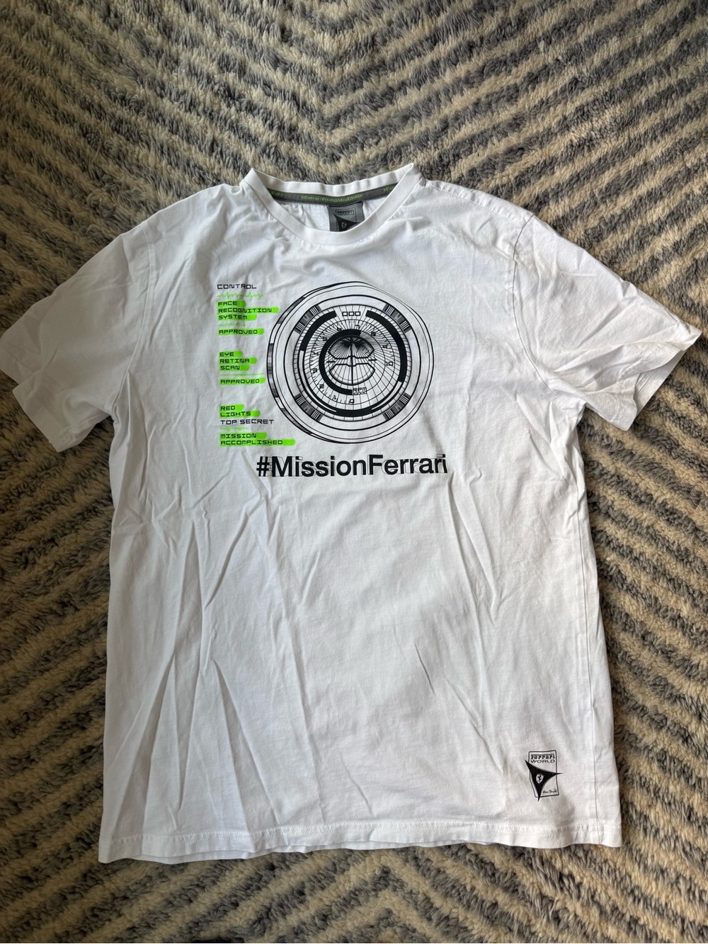 Ferrari White Tee with Black Graphic and Neon Green Accents